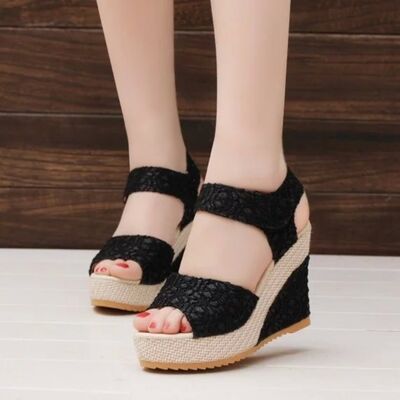 Lace Detail Open Toe High Heel Black Sandals