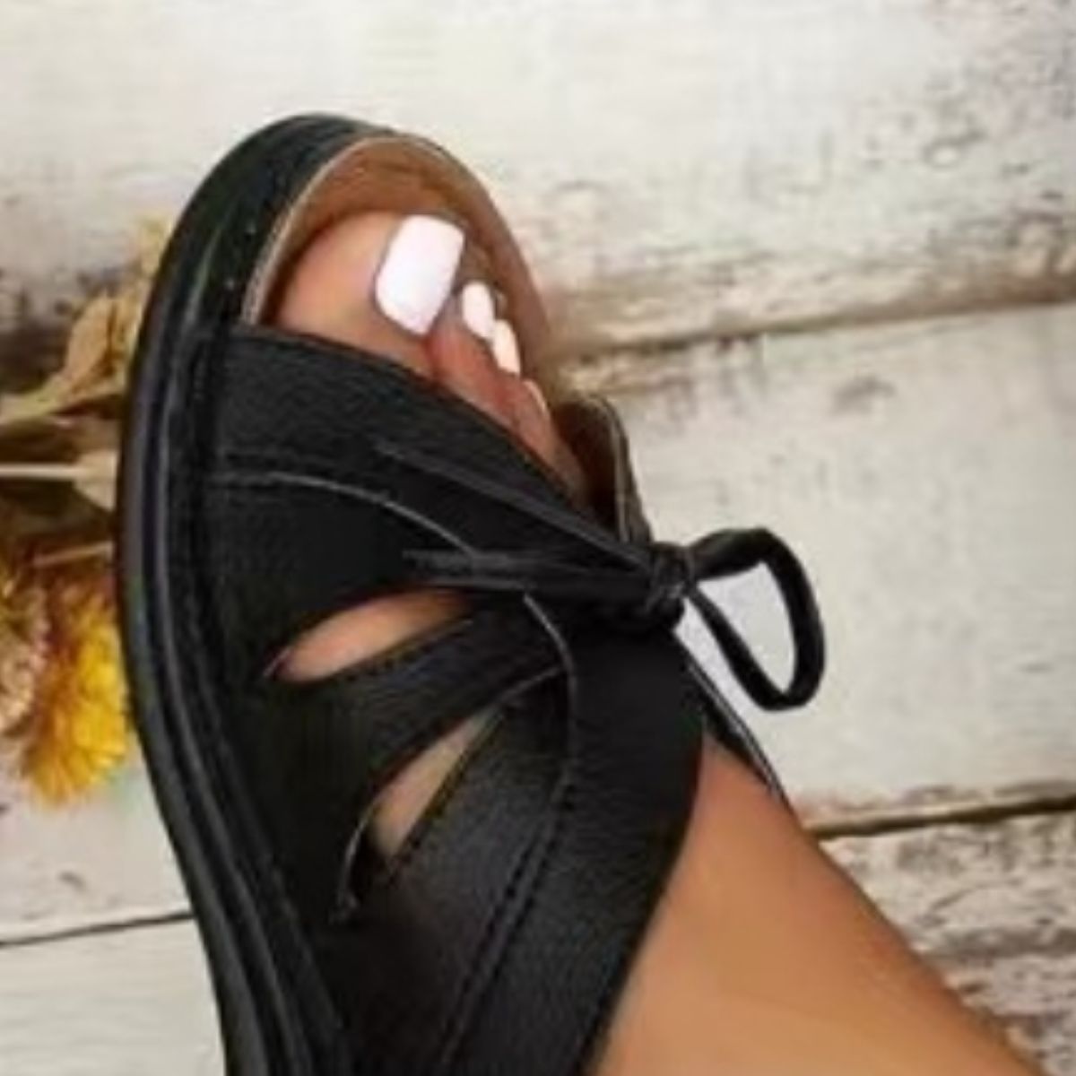 Tied Open Toe Low Heel Black Sandals