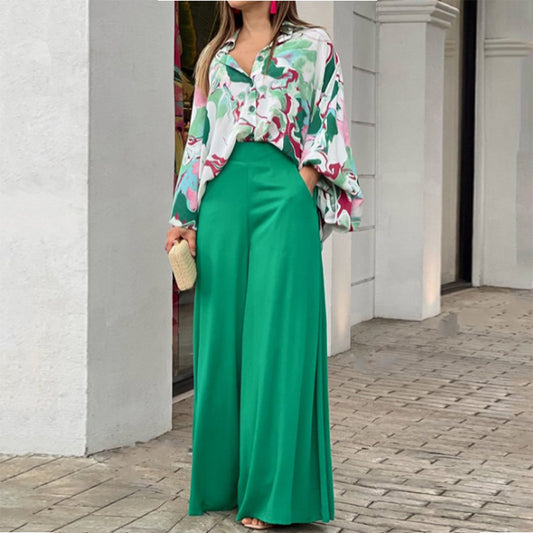 Summer loose casual printed shirt top wide-leg pants two-piece set