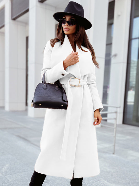 Women's long-sleeved buttoned V-neck strappy woolen white coat