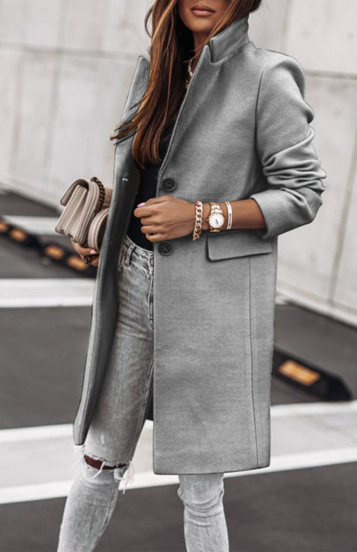Autumn And Winter Women's Leisure Long Sleeved Tweed Grey Coat