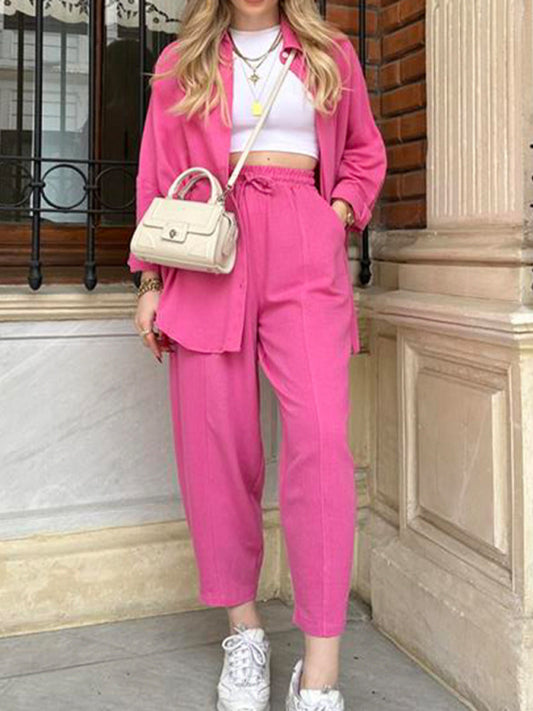 Women's Versatile Loose Shirt High Waist Pants Pink Two-piece Set