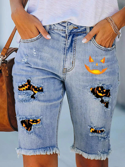 Women's Casual Five-point Halloween Printed Pants Raw Edge Jeans