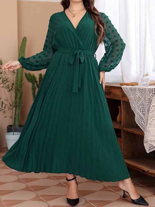 Women's Large Size Elastic Waist Jacquard Patchwork Green Dress