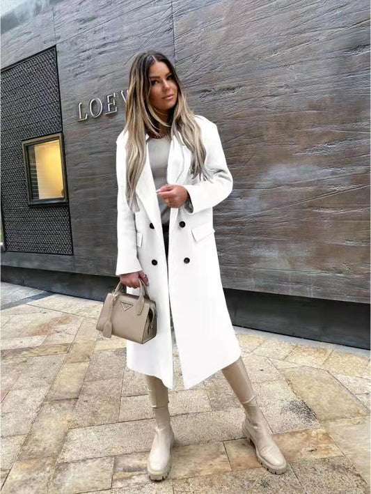 Women's long Double Breasted Woolen White Coat